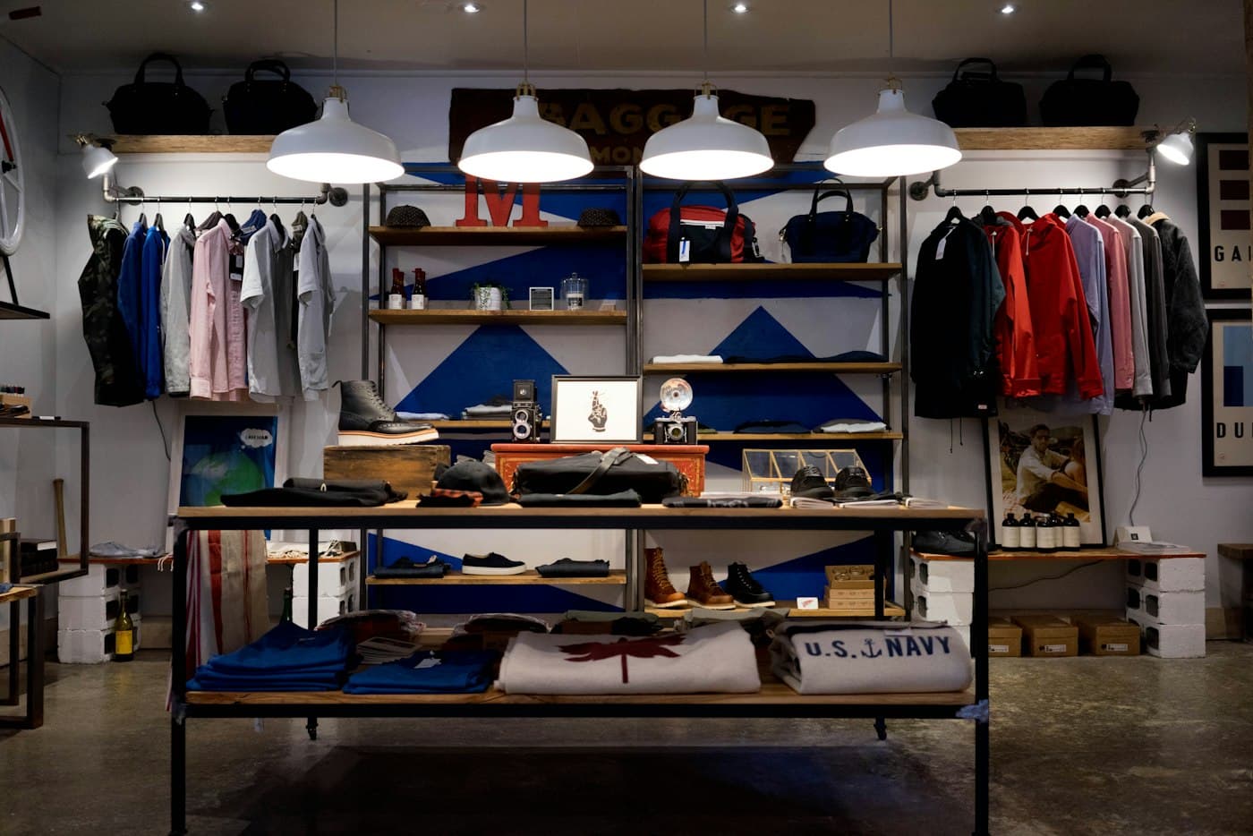 Retail clothing store interior with stocked shelves